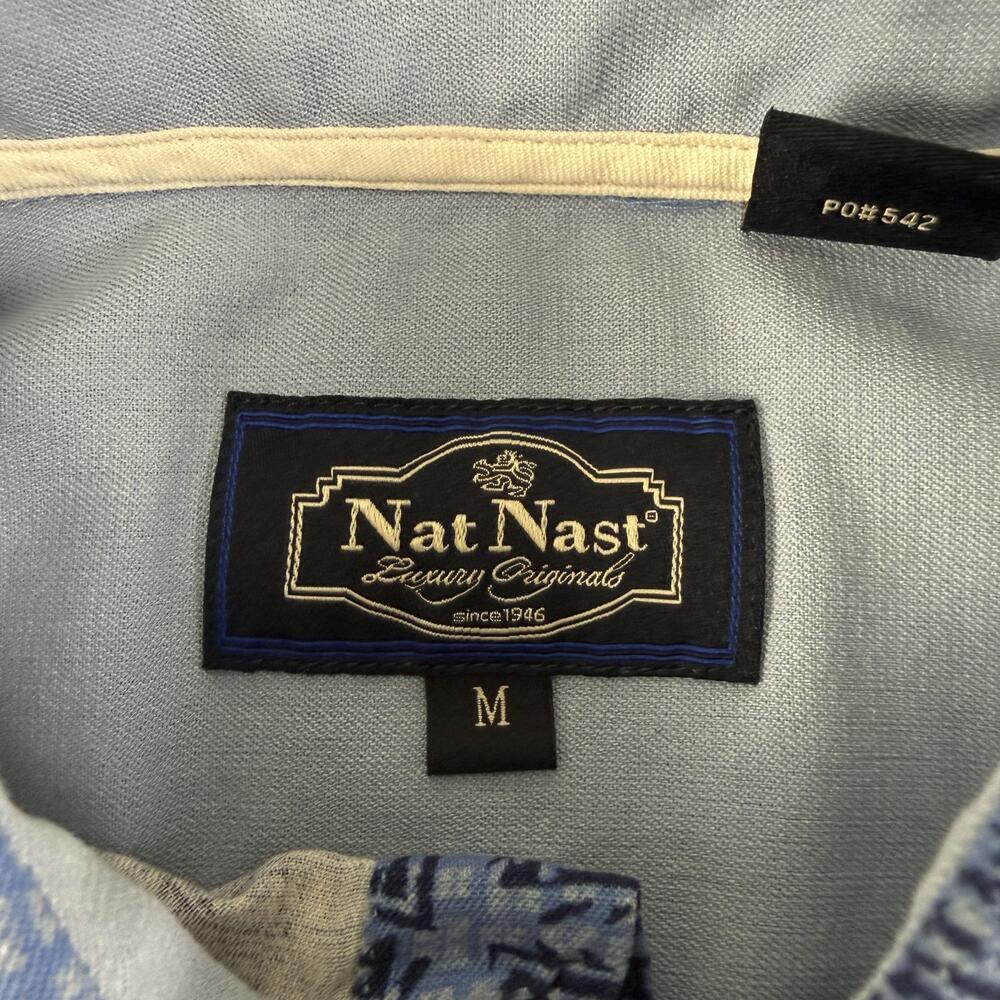 Nat Nast Shirt Mens Medium Blue Geometric Silk Blend Short Sleeve Button Up - Picture 4 of 9